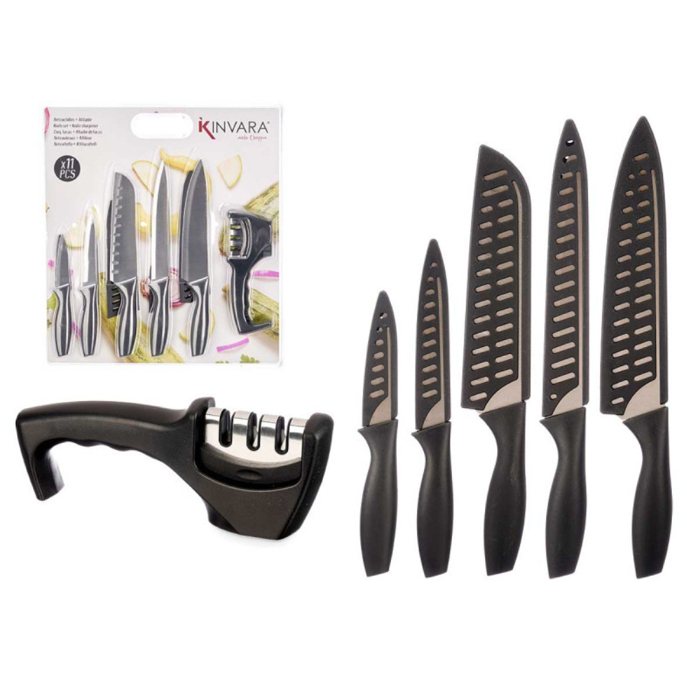 Set 5 Coltelli Con Affilatore Nero