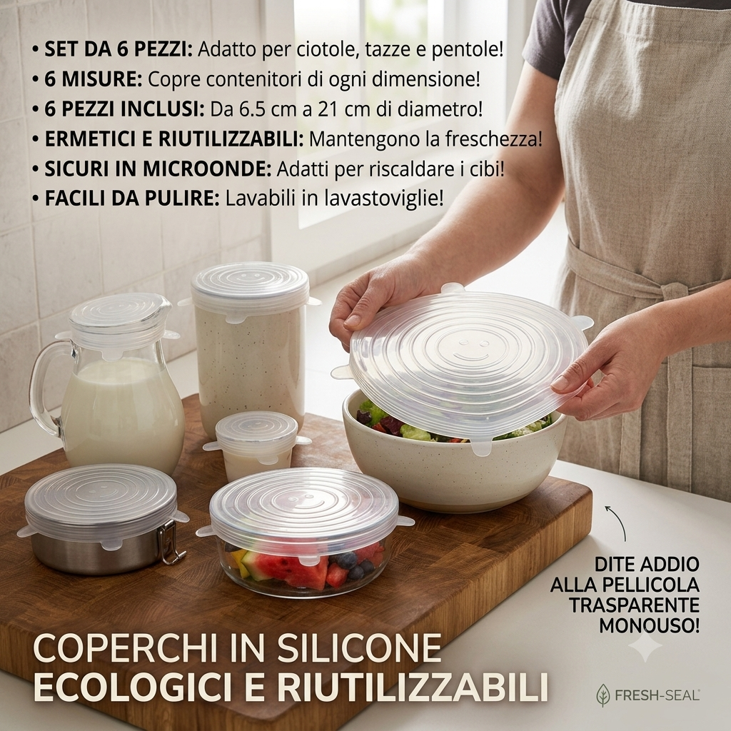 🍲 Set 6 Coperchi in Silicone Elastico Multiuso – Dì Addio alla Pellicola Monouso! 🌿✨