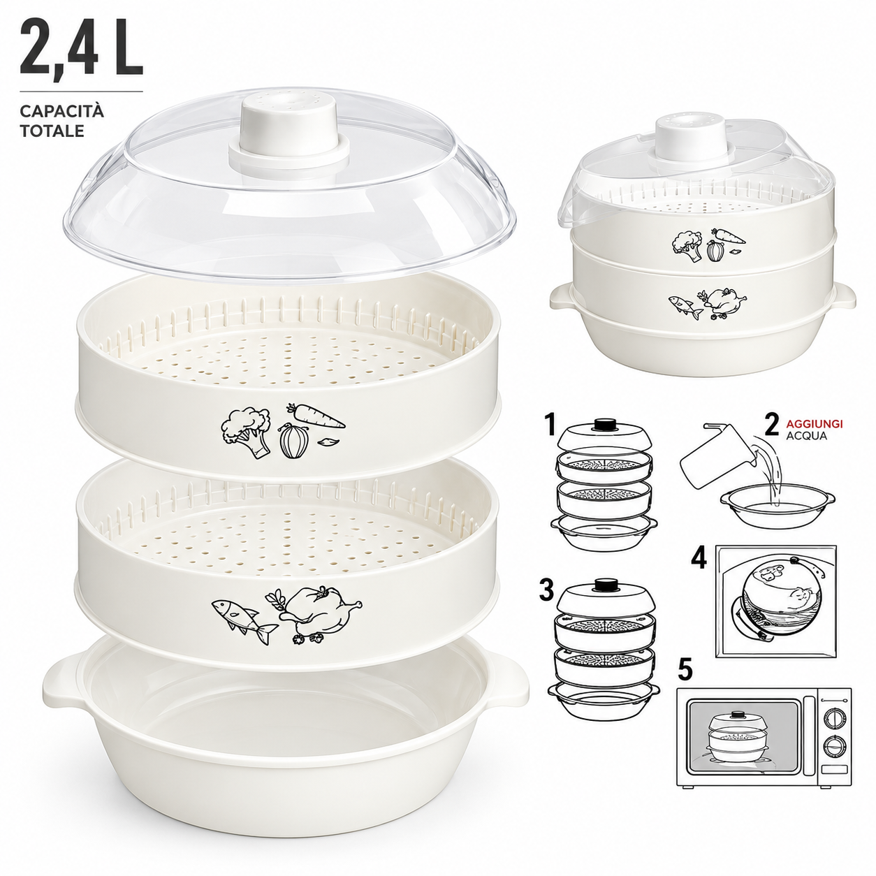 Vaporiera per Microonde 2,4L – Cottura a Vapore a 2 Livelli