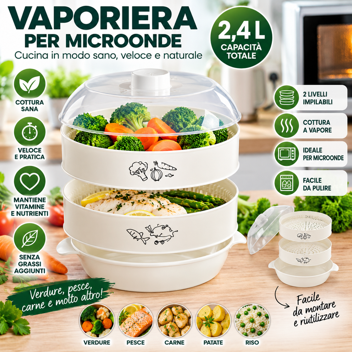 Vaporiera per Microonde 2,4L – Cottura a Vapore a 2 Livelli