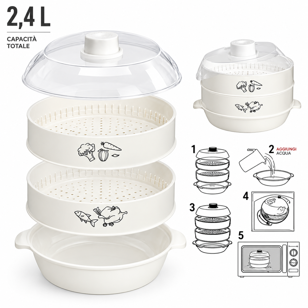 Vaporiera per Microonde 2,4L – Cottura a Vapore a 2 Livelli